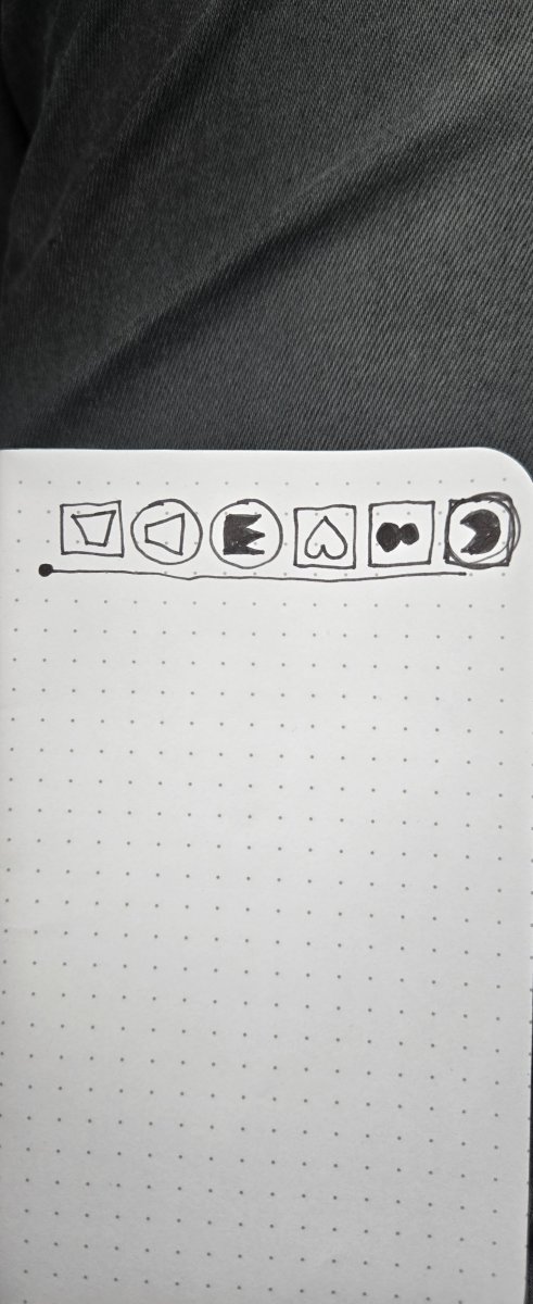 A marker drawing of six glyphs on a dot-grid notebook page