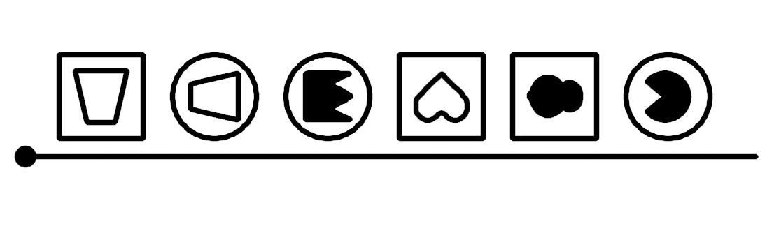 Six framed glyphs in a row above an underline that starts with a fat dot